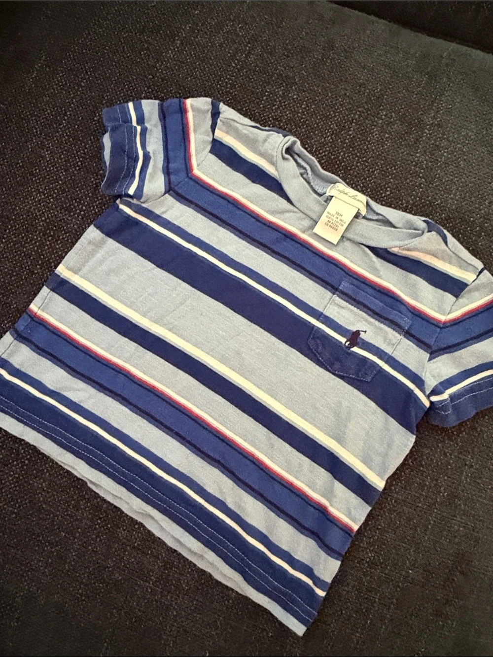 Ralph Lauren Blue Striped Pocket Tee with Navy Logo - Kids